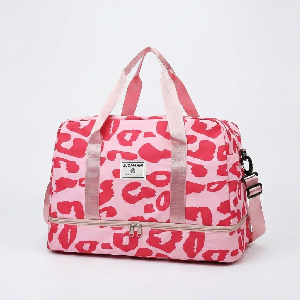 Sac de voyage femme grande capacité rose à motifs léopard rouges avec compartiment chaussures zippé et bandoulière réglable