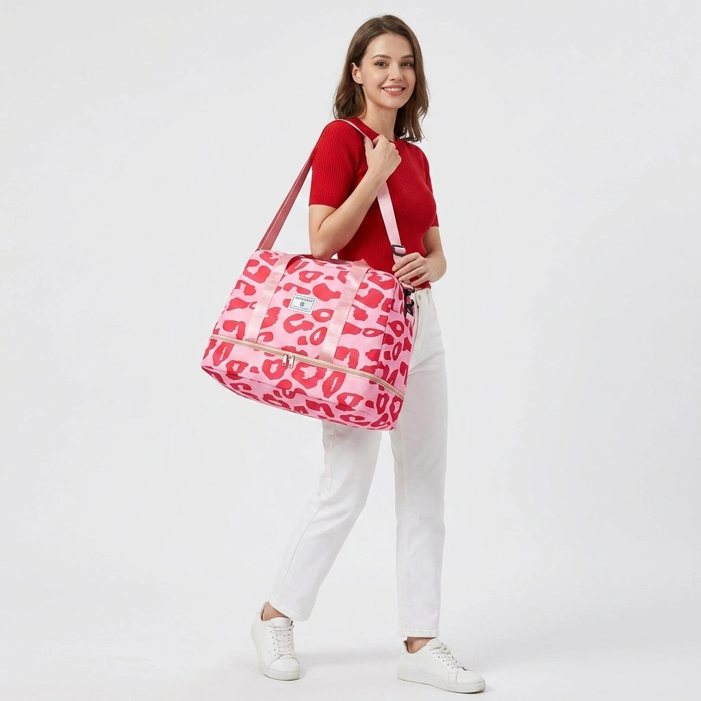 Sac de voyage femme rose à motifs léopard fuchsia porté en bandoulière, grande capacité et compartiment chaussures