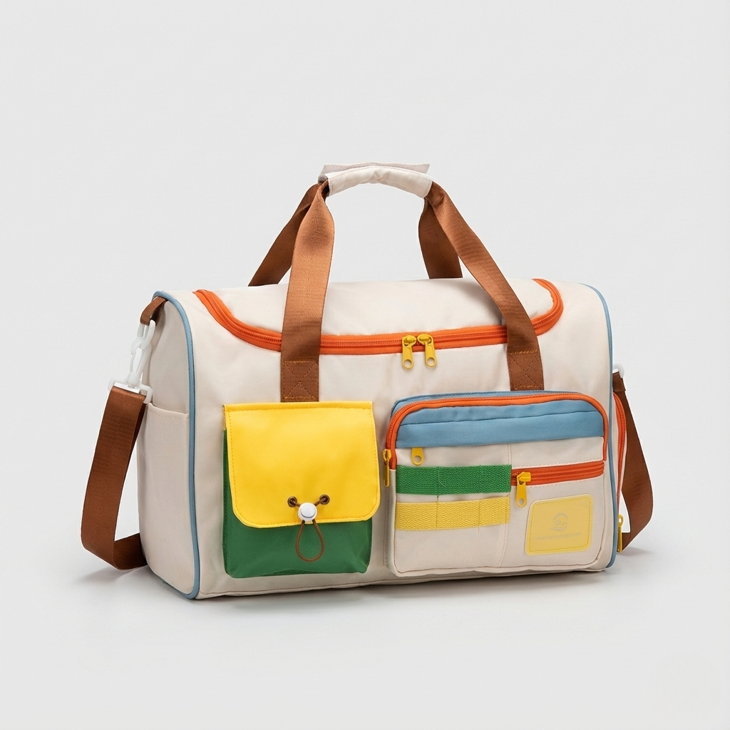 Sac de voyage femme beige multicolore avec compartiment chaussures et poches avant colorées, bandoulières réglables et poignées, vue de face sur fond uni