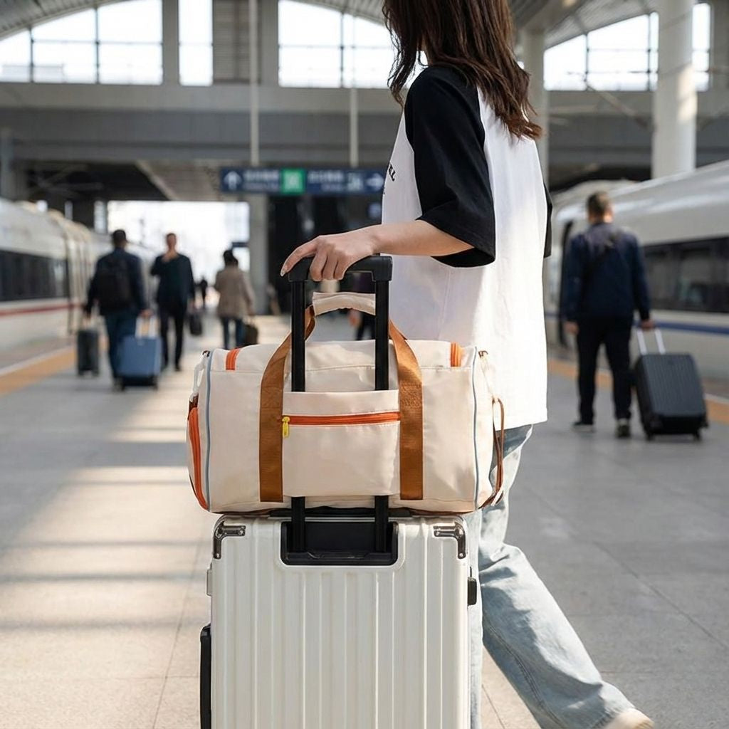 Sac de voyage femme beige multicolore avec compartiment chaussures posé sur une valise à roulettes dans une gare Image