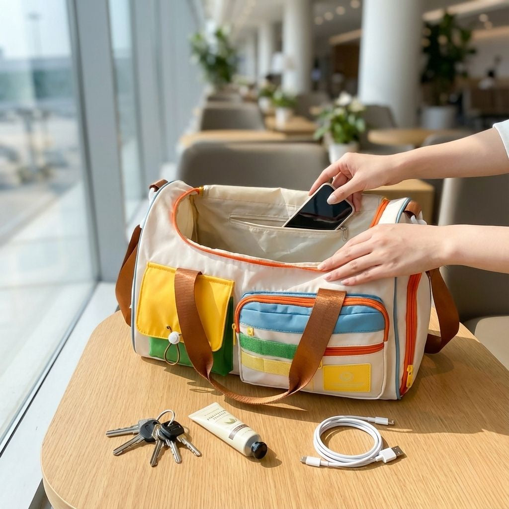Sac de voyage femme beige multicolore avec compartiment chaussures, posé sur une table d’aéroport tandis qu’une personne y range son téléphone Image