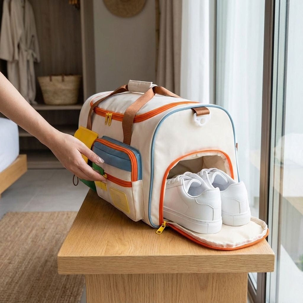 Sac de voyage femme beige multicolore avec compartiment chaussures ouvert posé sur une table, poches frontales et baskets blanches Image