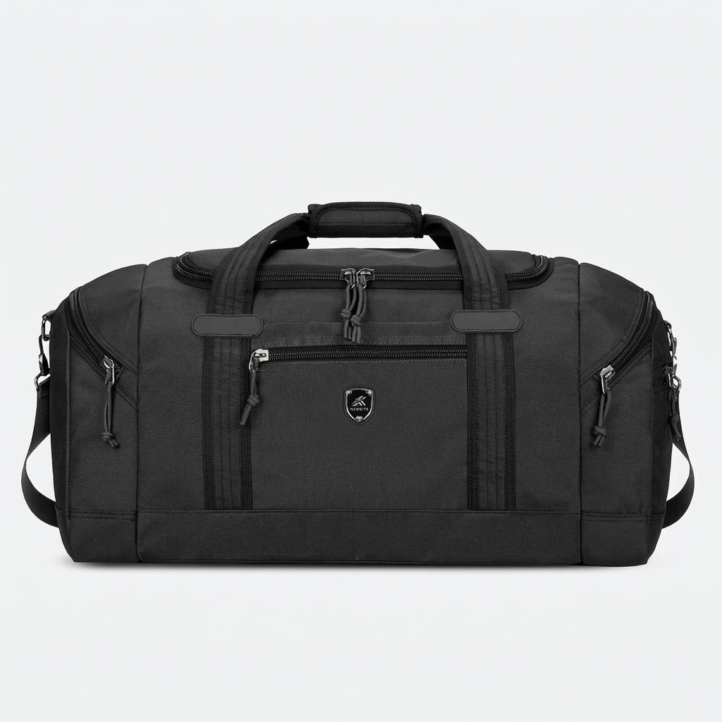 Sac de voyage noir grande capacité avec multiples poches zippées et bandoulière réglable, vue de face