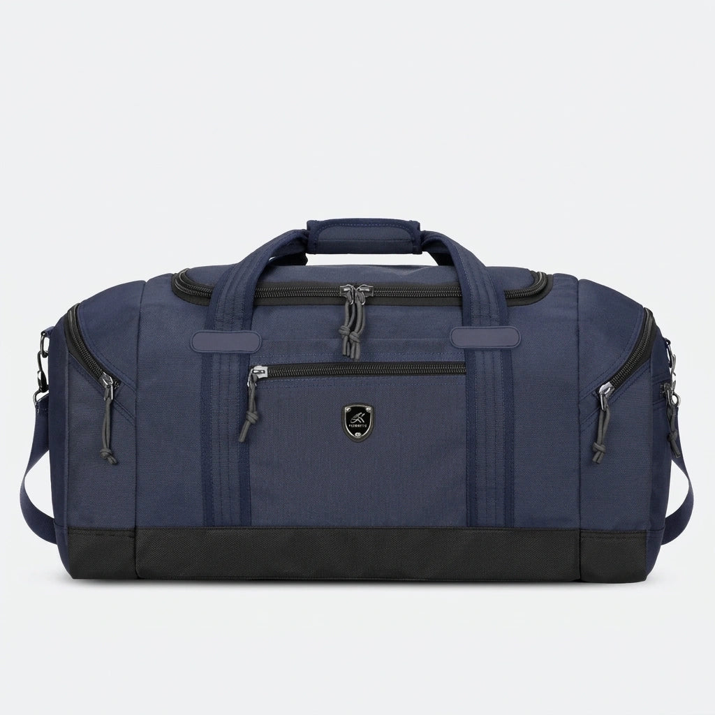 Sac de voyage bleu marine grande capacité avec poches latérales zippées et bandoulière, vue de face