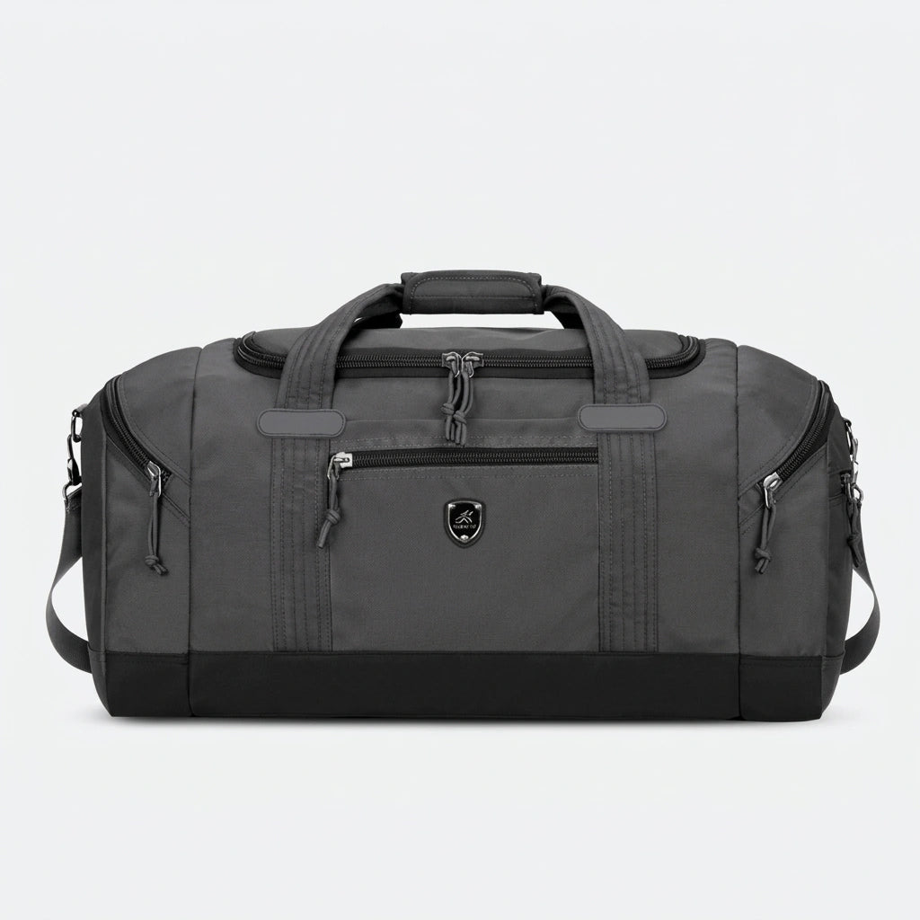 Sac de voyage gris anthracite avec poches multiples zippées, bandoulière réglable et base renforcée noire