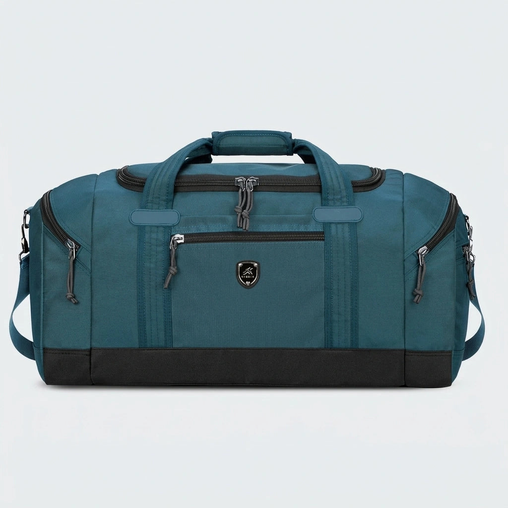 Sac de voyage bleu pétrole grande capacité avec poches multiples zippées, bandoulière et base noire