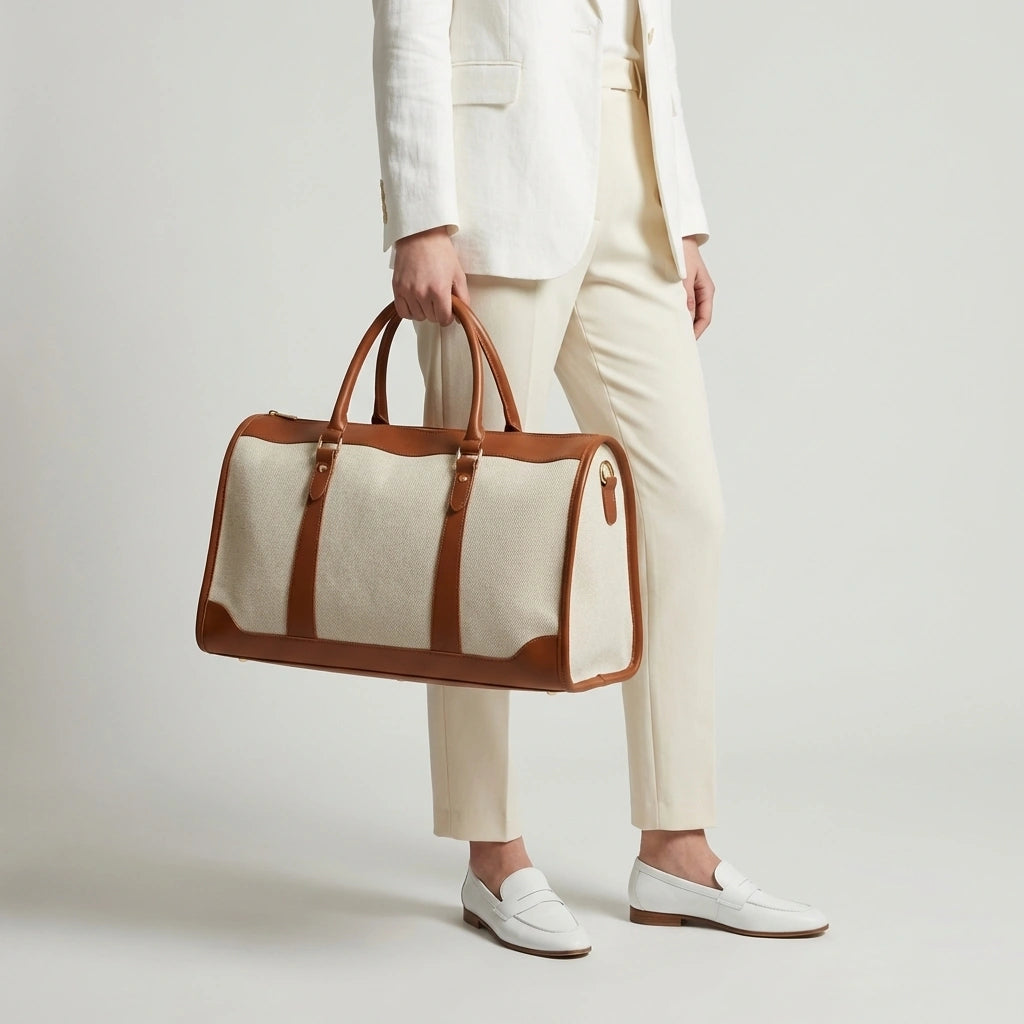Sac de voyage vintage camel grande capacité tenu par les poignées, mannequin en blazer blanc et pantalon ivoire