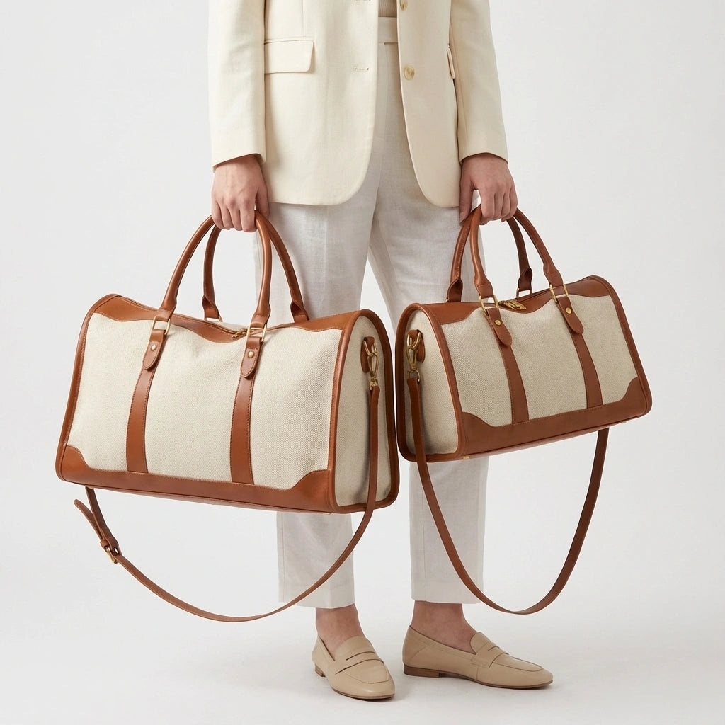 Les deux tailles du sac de voyage vintage camel tenus par un mannequin en blazer crème et pantalon blanc