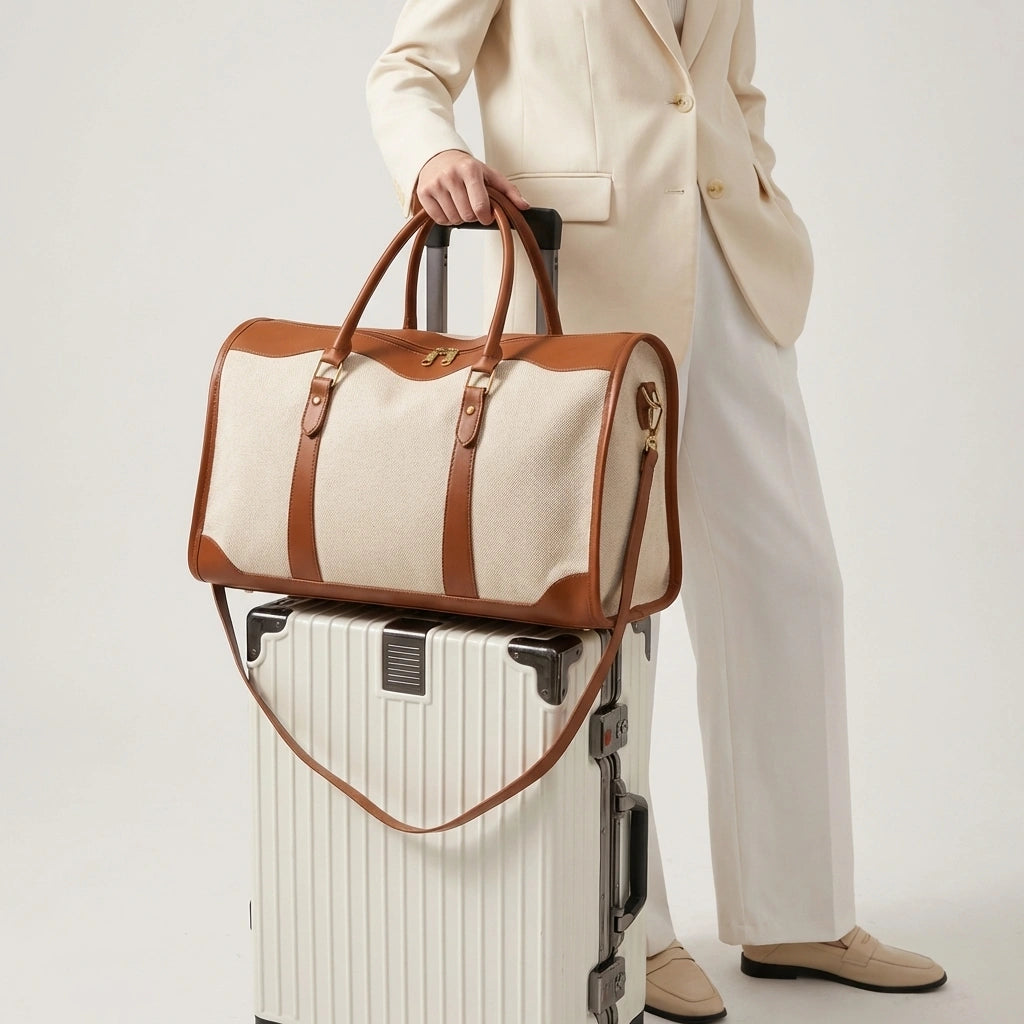 Sac de voyage vintage camel posé sur une valise blanche, mannequin en tailleur crème, compatible trolley