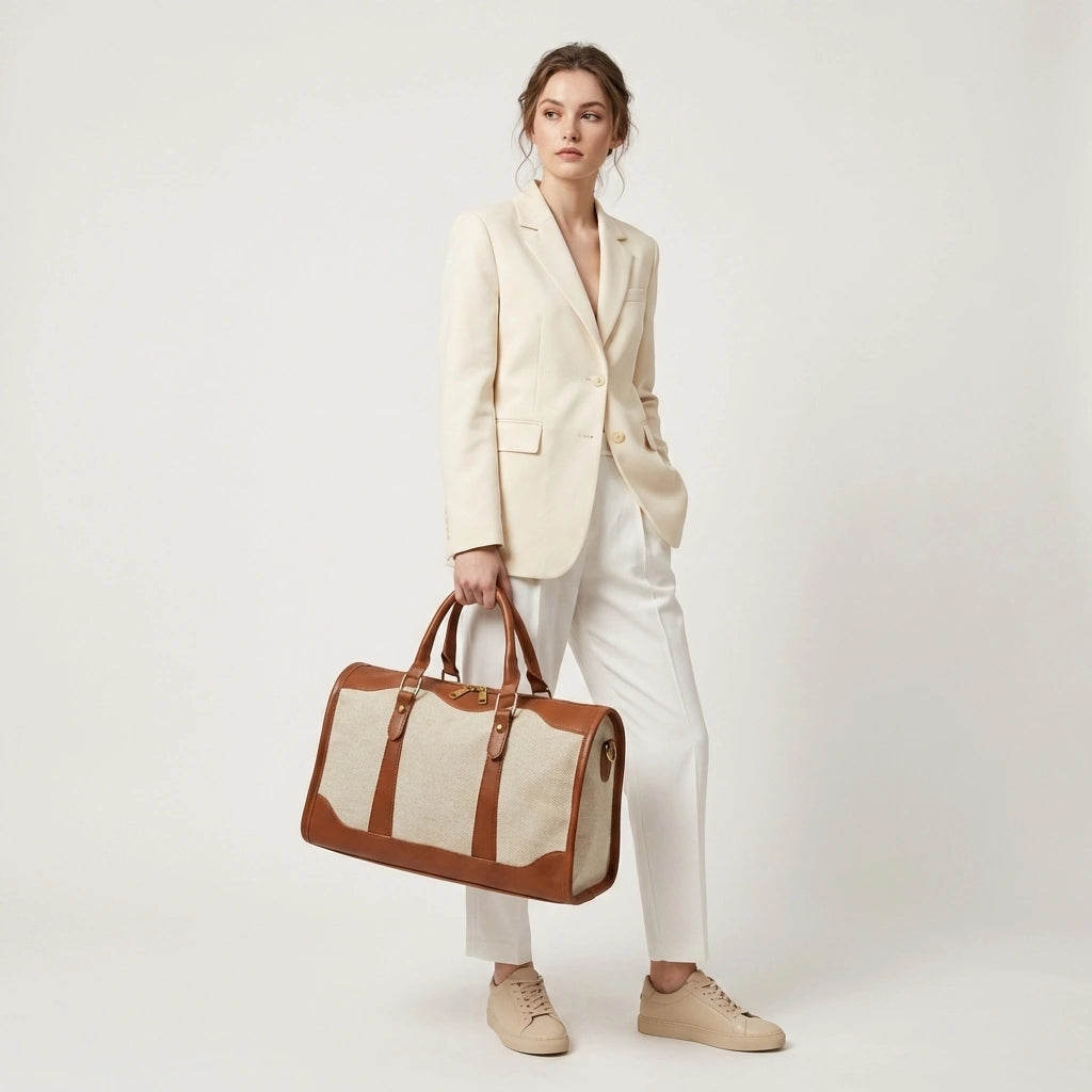 Sac de voyage vintage camel grande capacité tenu à la main, mannequin en blazer crème et baskets beige Image