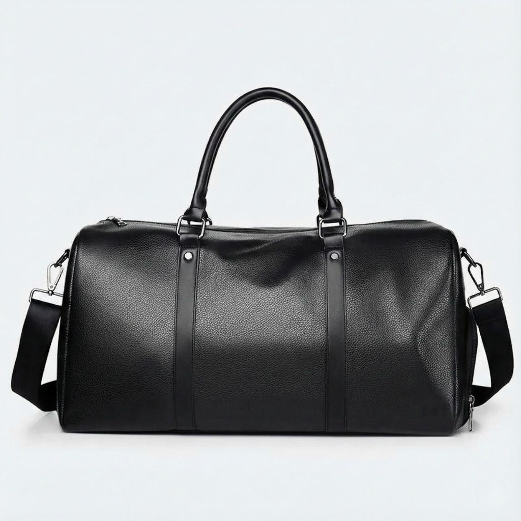 Sac de voyage homme noir en simili cuir avec poignées renforcées et bandoulière réglable amovible