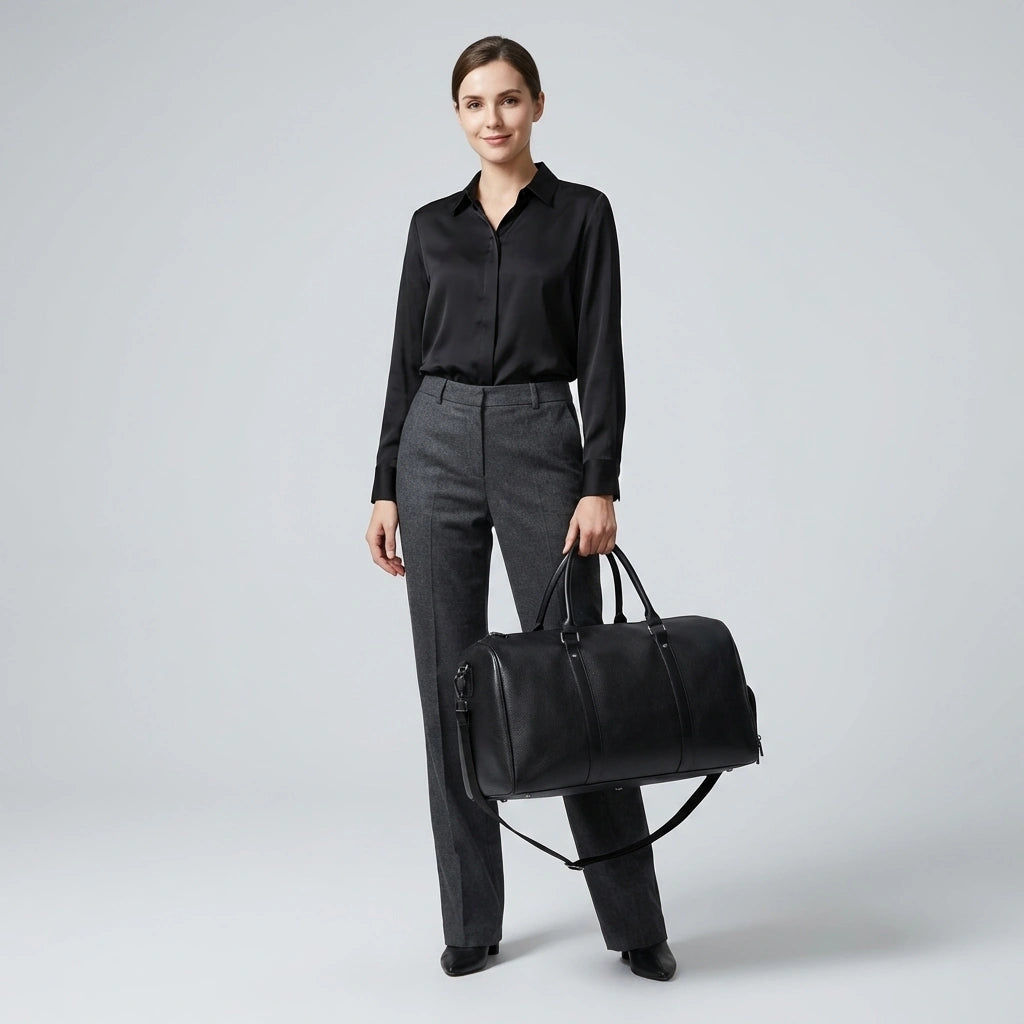 Femme en tenue professionnelle noire tenant un sac de voyage noir par les poignées, fond gris clair