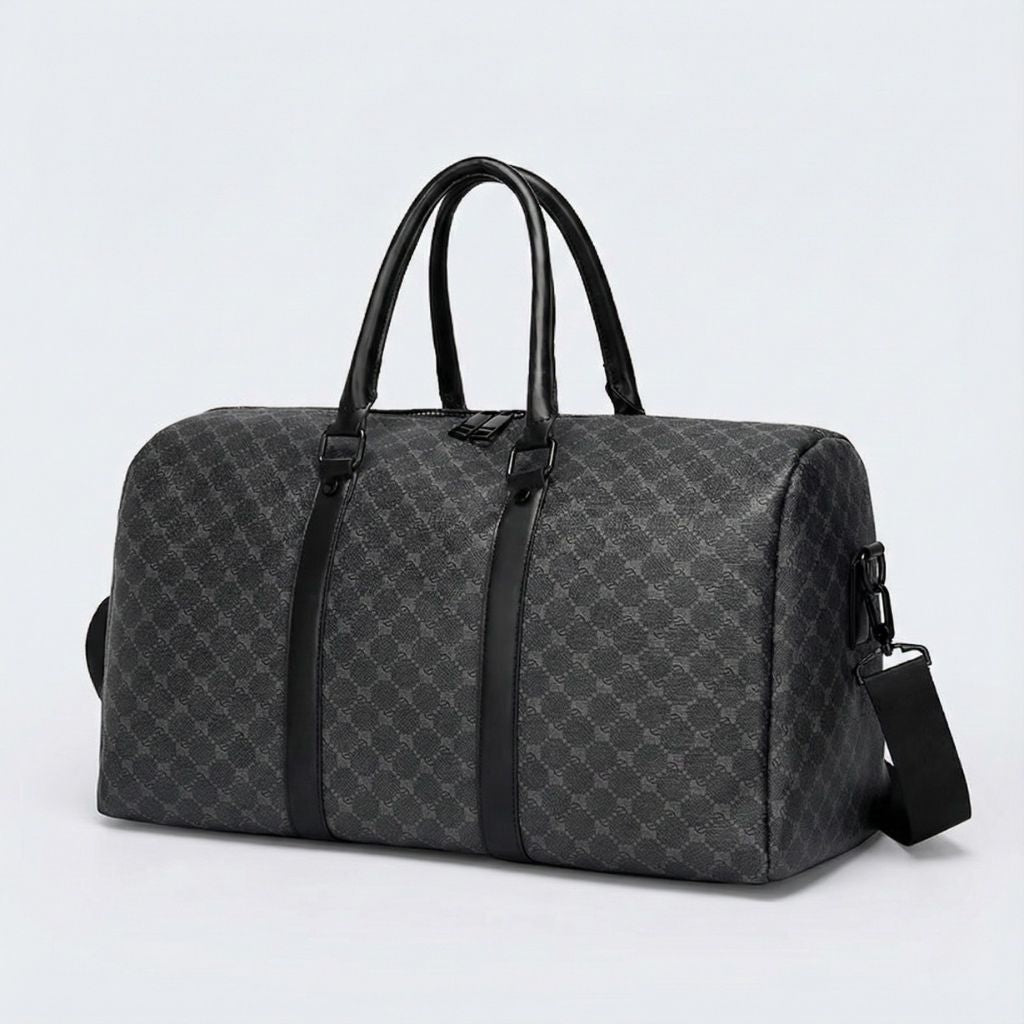 Sac de voyage homme week-end gris foncé à motif texturé, avec doubles poignées renforcées et bandoulière amovible