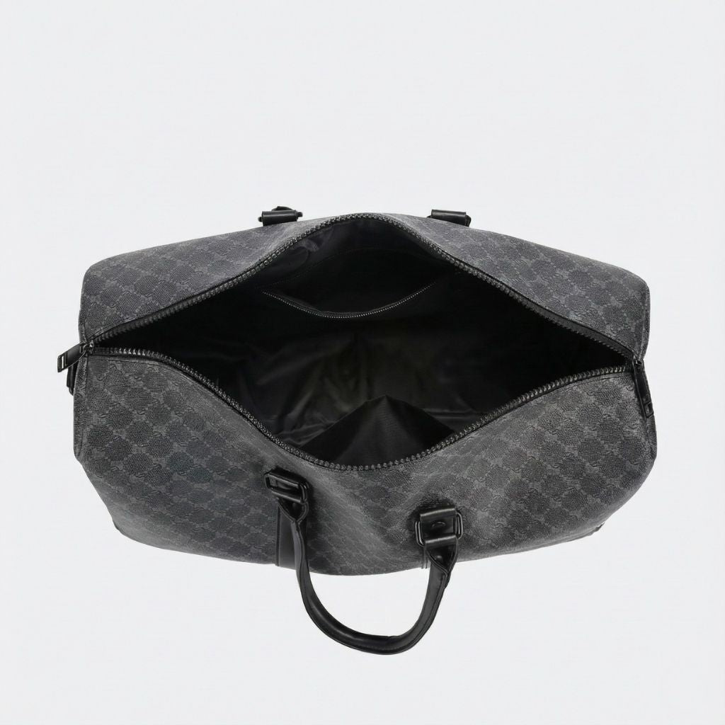 Sac de voyage homme week-end gris à motif texturé, vue intérieure avec grande ouverture zippée, doublure noire résistante et poche intérieure