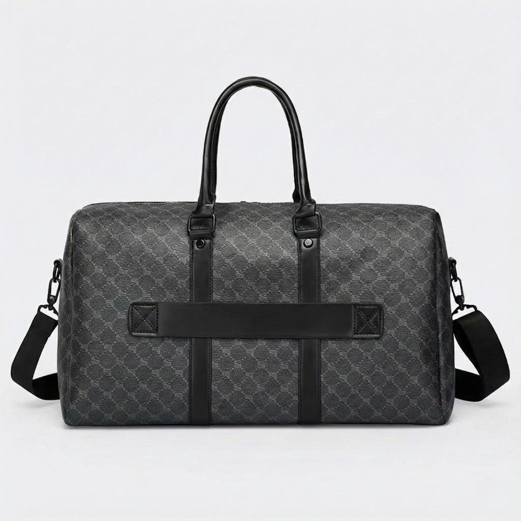 Sac de voyage homme week-end gris à motif discret avec bandes et poignées noires renforcées, sangle arrière pour fixation sur valise cabine et bandoulière ajustable