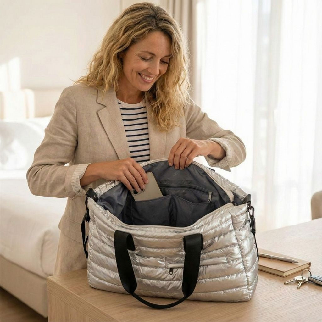Sac de voyage matelassé grand format argenté avec bandoulière amovible posé sur une table, une femme range un téléphone à l’intérieur Image
