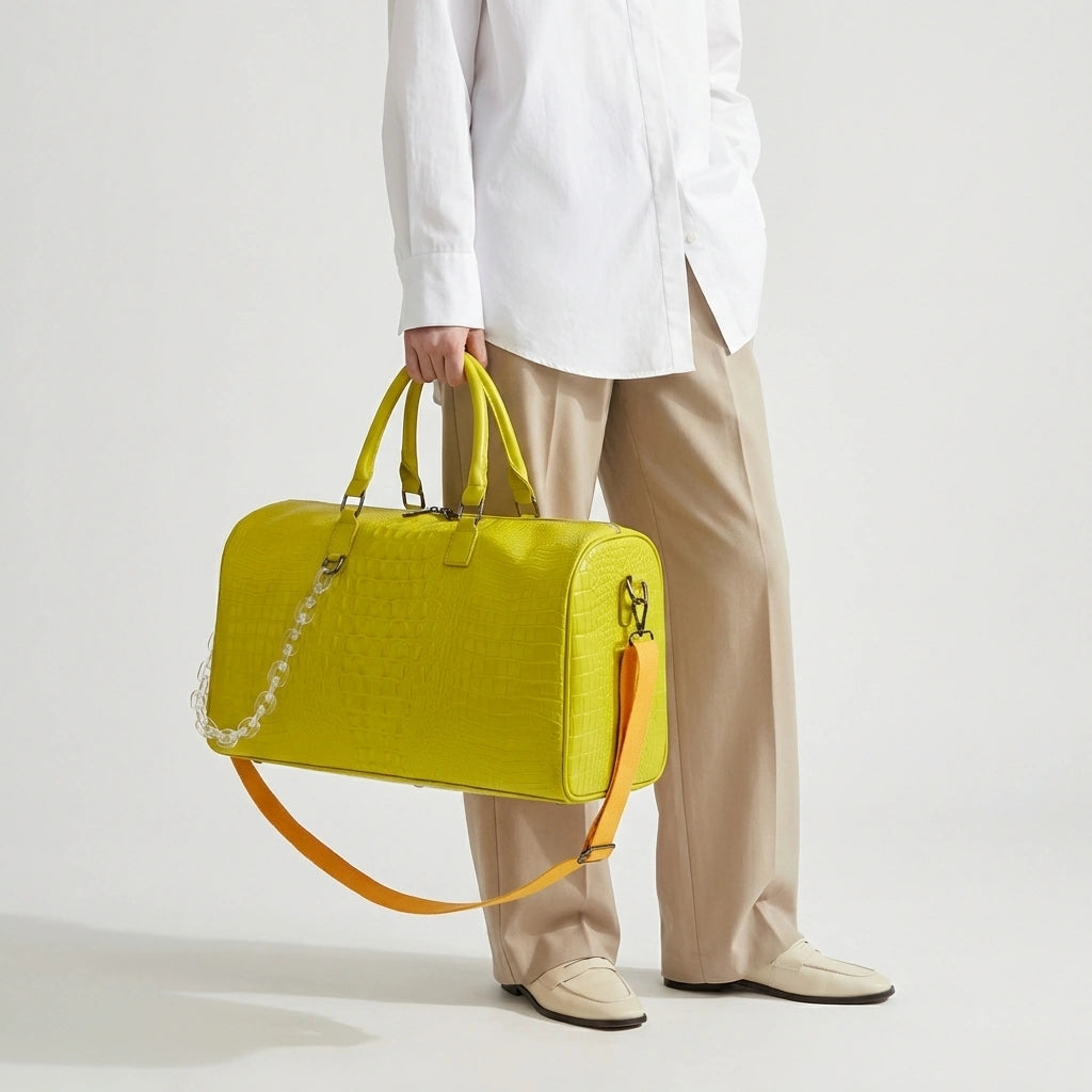 Sac de voyage vert lime motif croco saisi par les poignées doubles, look stylé avant un départ en voyage