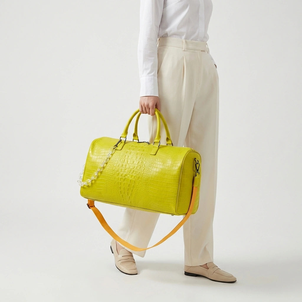 Sac de voyage vert citron croco tenu à la main, mannequin en chemise blanche et pantalon ivoire