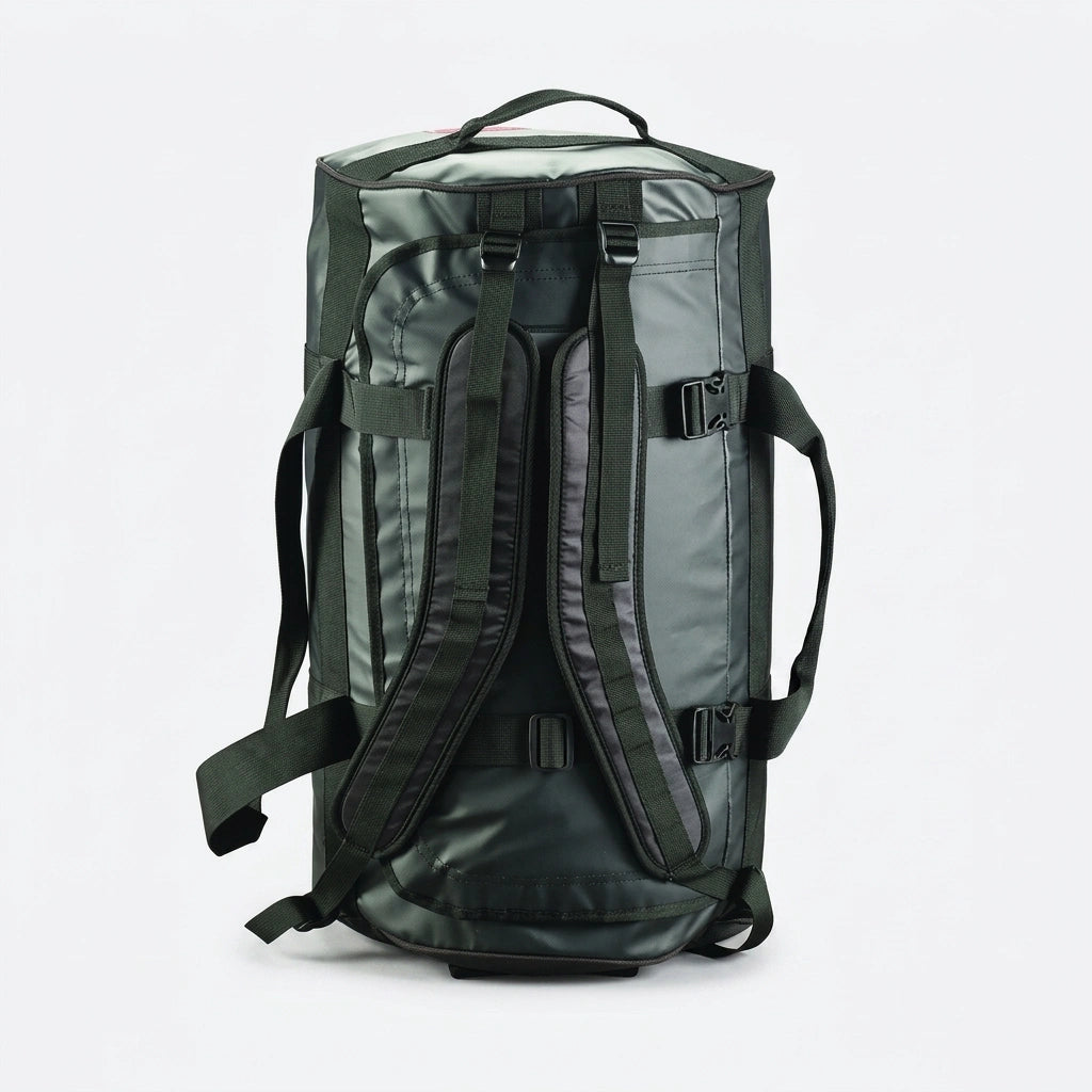 Vue arrière du sac de voyage duffel vert kaki 90L avec bretelles sac à dos réglables et fermoirs noirs