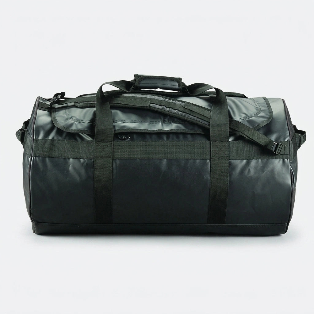 Sac de voyage duffel vert kaki 90L de face, poignées de portage et sangles de compression noires