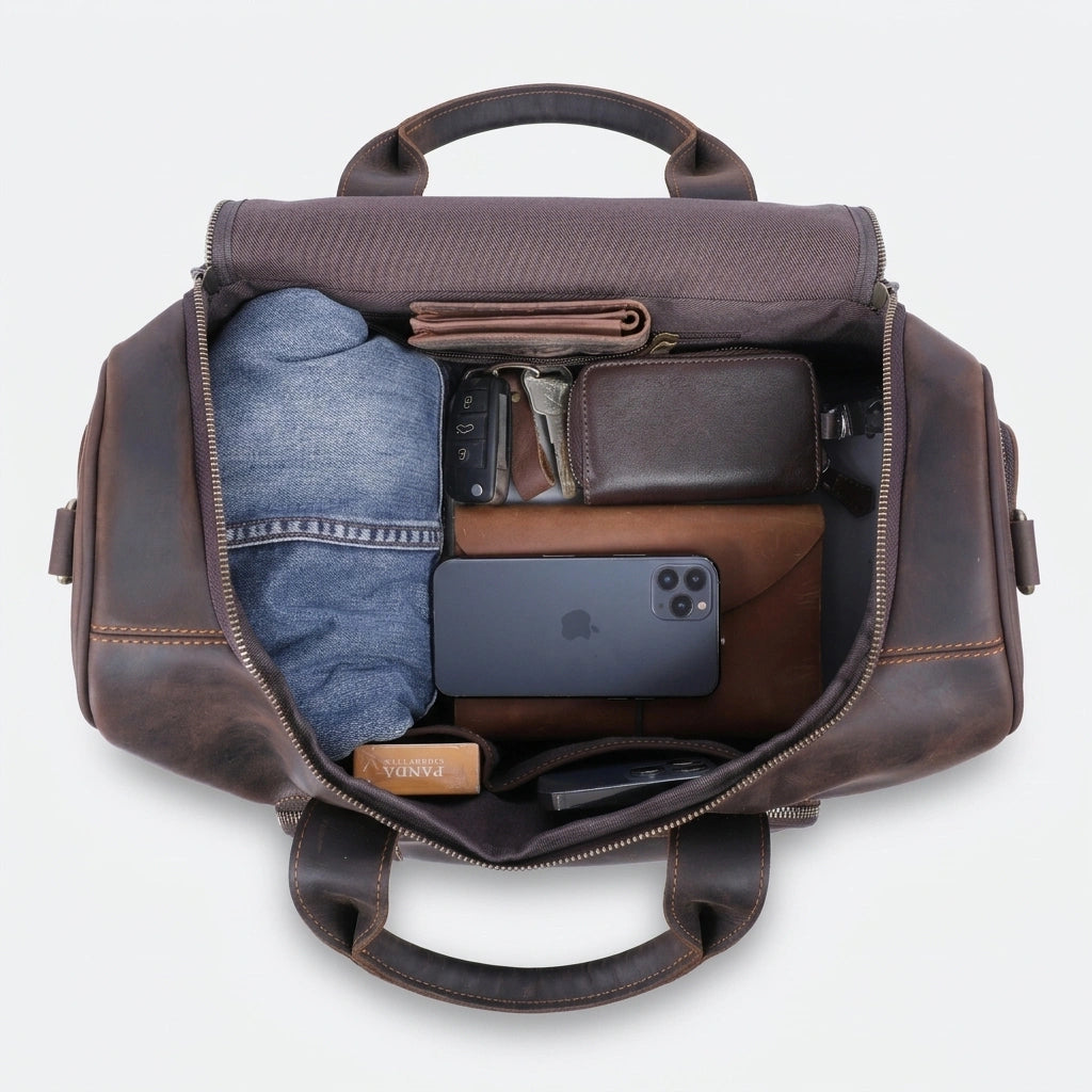 Sac de voyage en cuir marron foncé ouvert vu du dessus, contenu organisé avec jean plié, téléphone et portefeuille