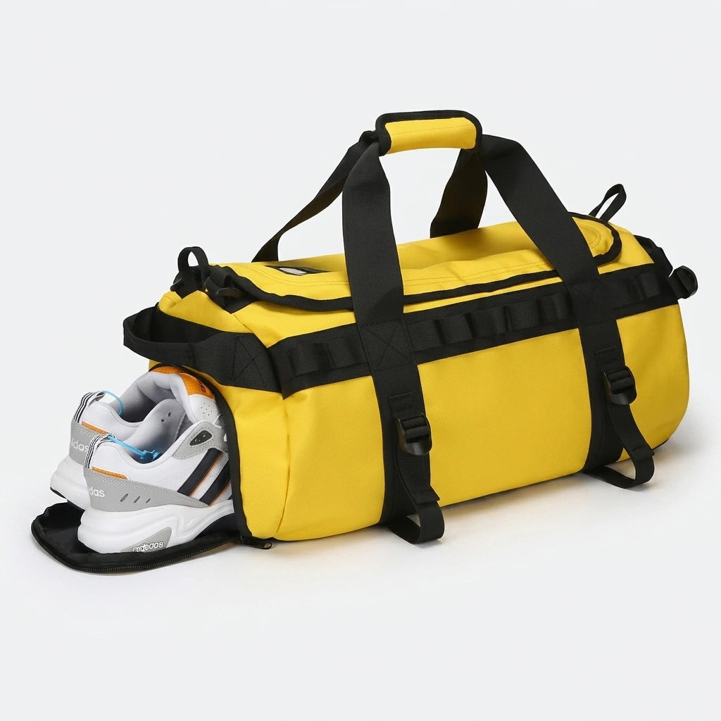 Sac de voyage duffle jaune et noir avec compartiment à chaussures ouvert sur fond studio gris clair