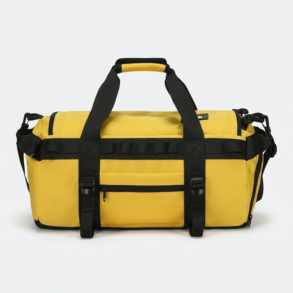Sac de voyage jaune vu de face avec poche frontale zippée et sangles de compression noires renforcées