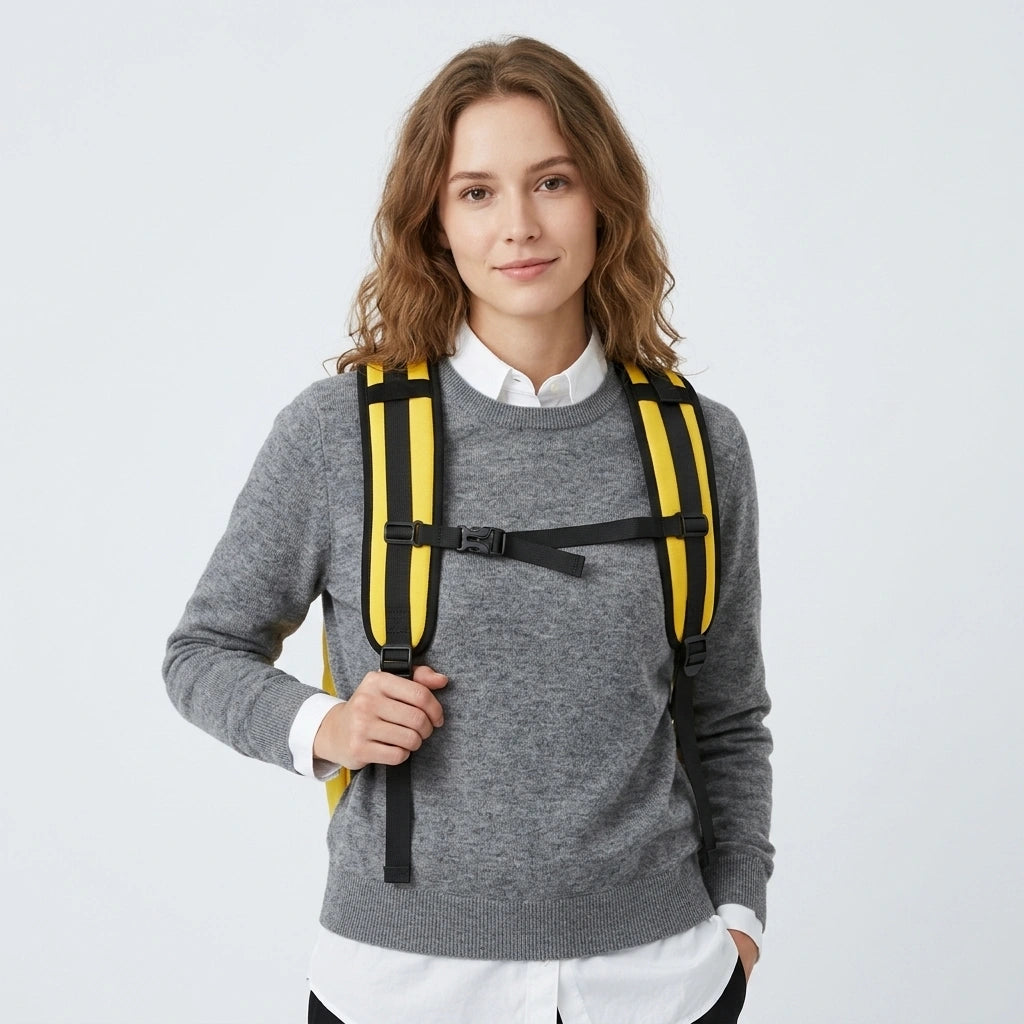Femme aux cheveux bouclés portant le sac de voyage jaune en sac à dos avec sangle pectorale noire