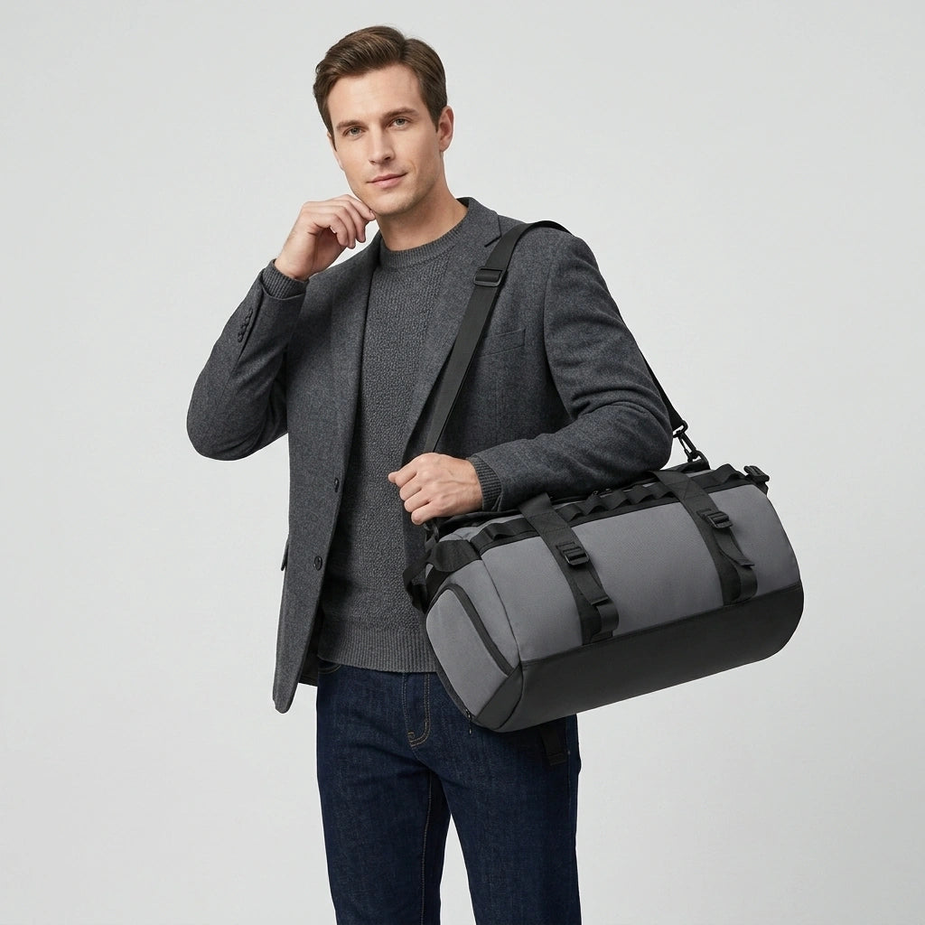 Homme en blazer gris portant le sac de voyage duffle gris anthracite en bandoulière sur fond studio