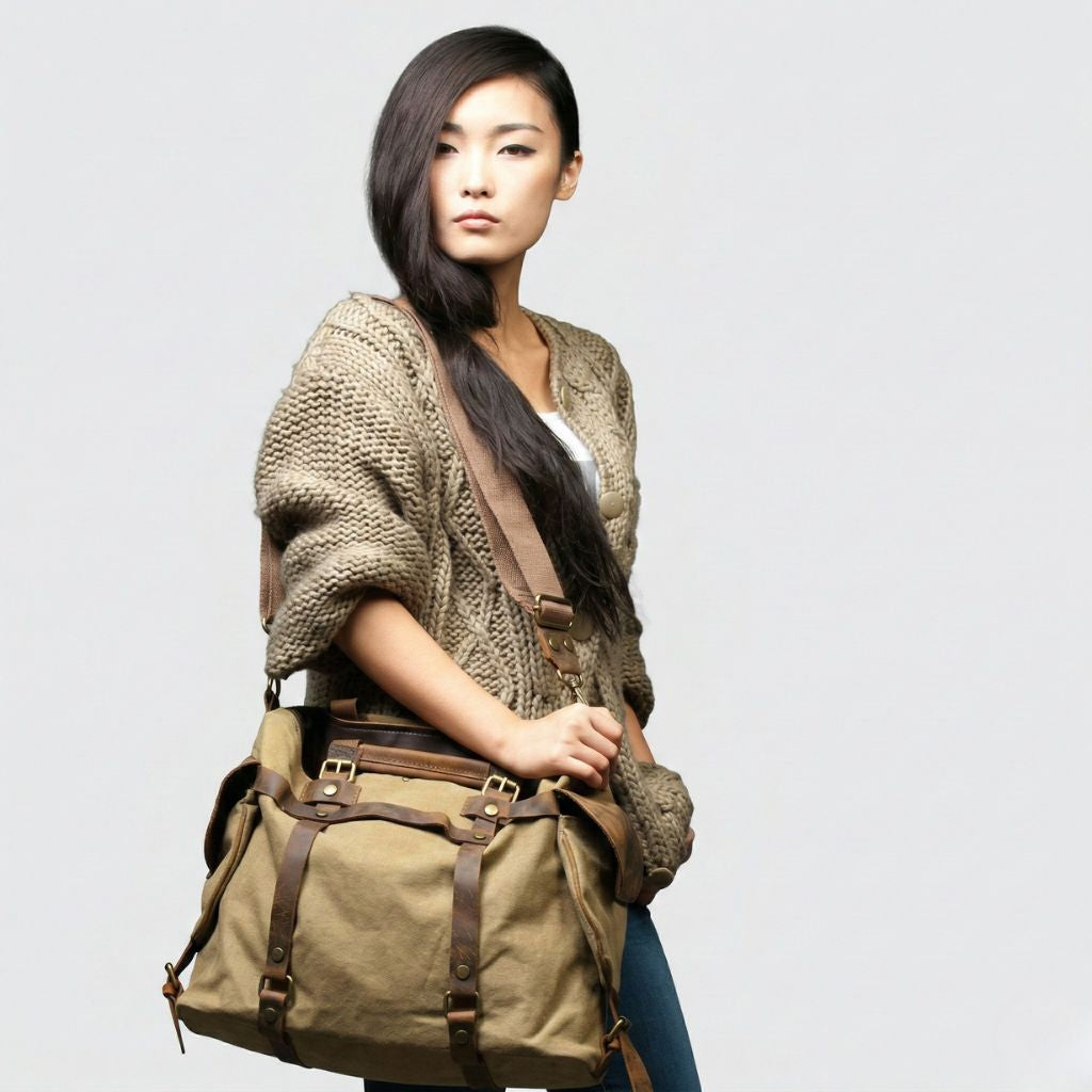 Lifestyle : femme portant le sac de voyage kaki sable en cross-body à l'épaule, sac pendant contre la hanche