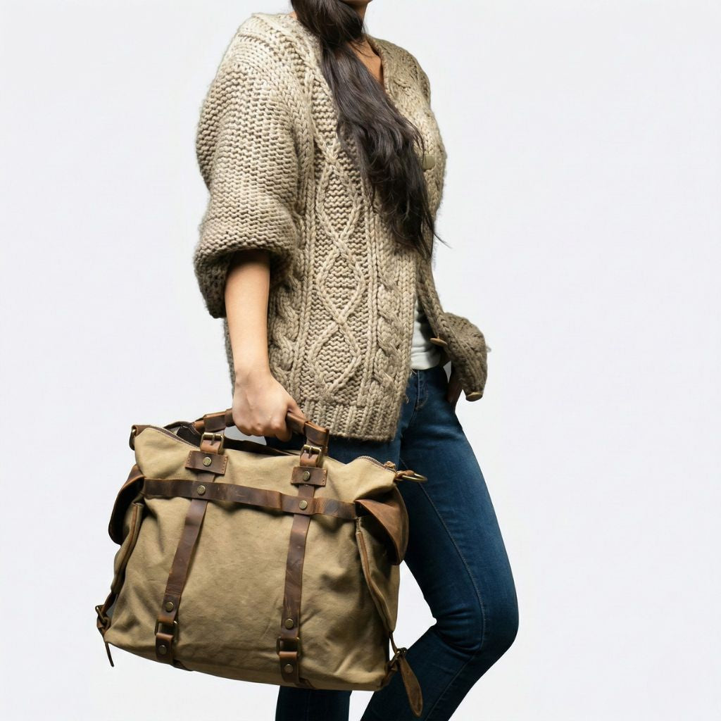 Lifestyle : femme tenant le sac de voyage kaki sable à la main par les poignées cuir courtes, vue latérale