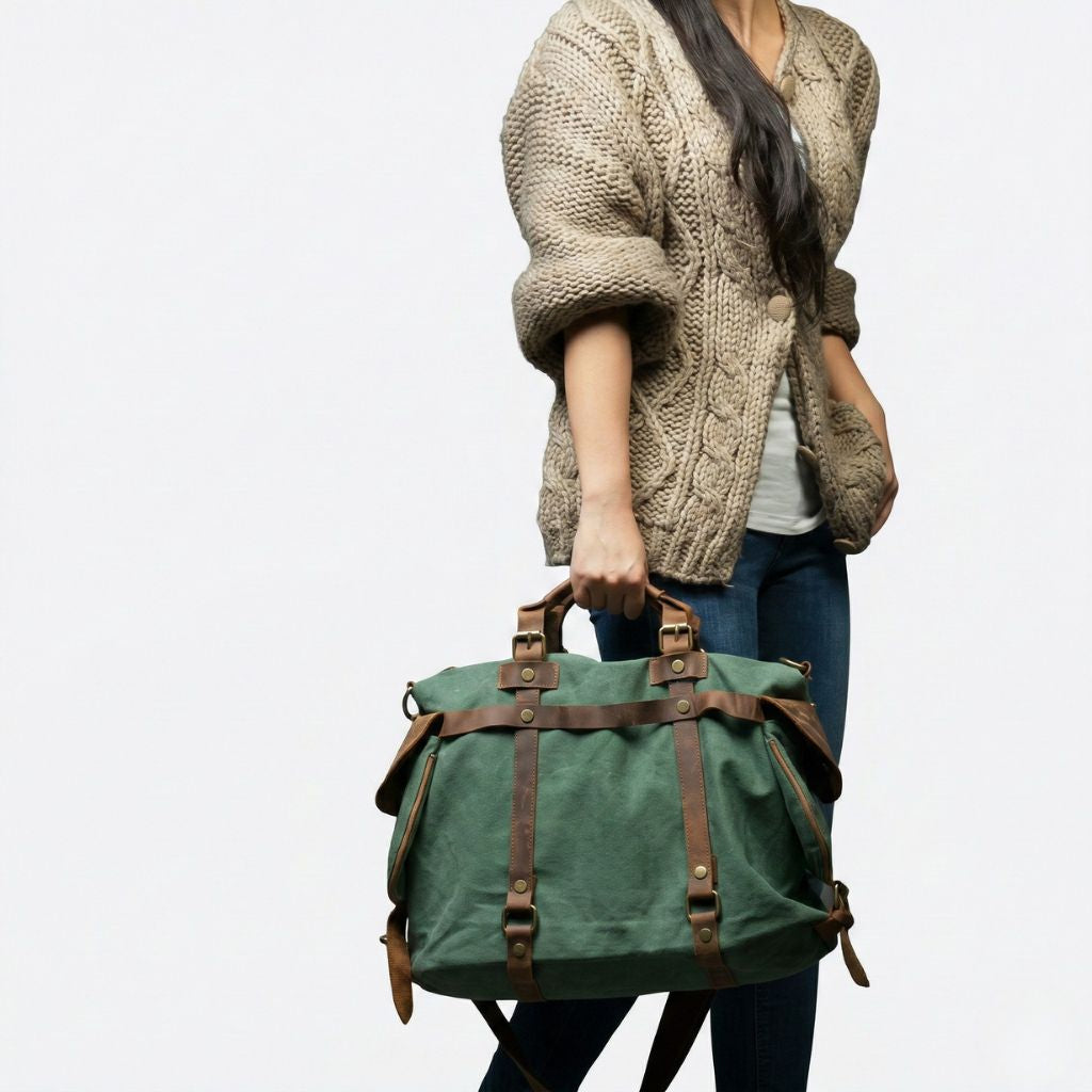 Lifestyle : femme portant le sac de voyage vert forêt par ses poignées cuir marron à la main, vue rapprochée