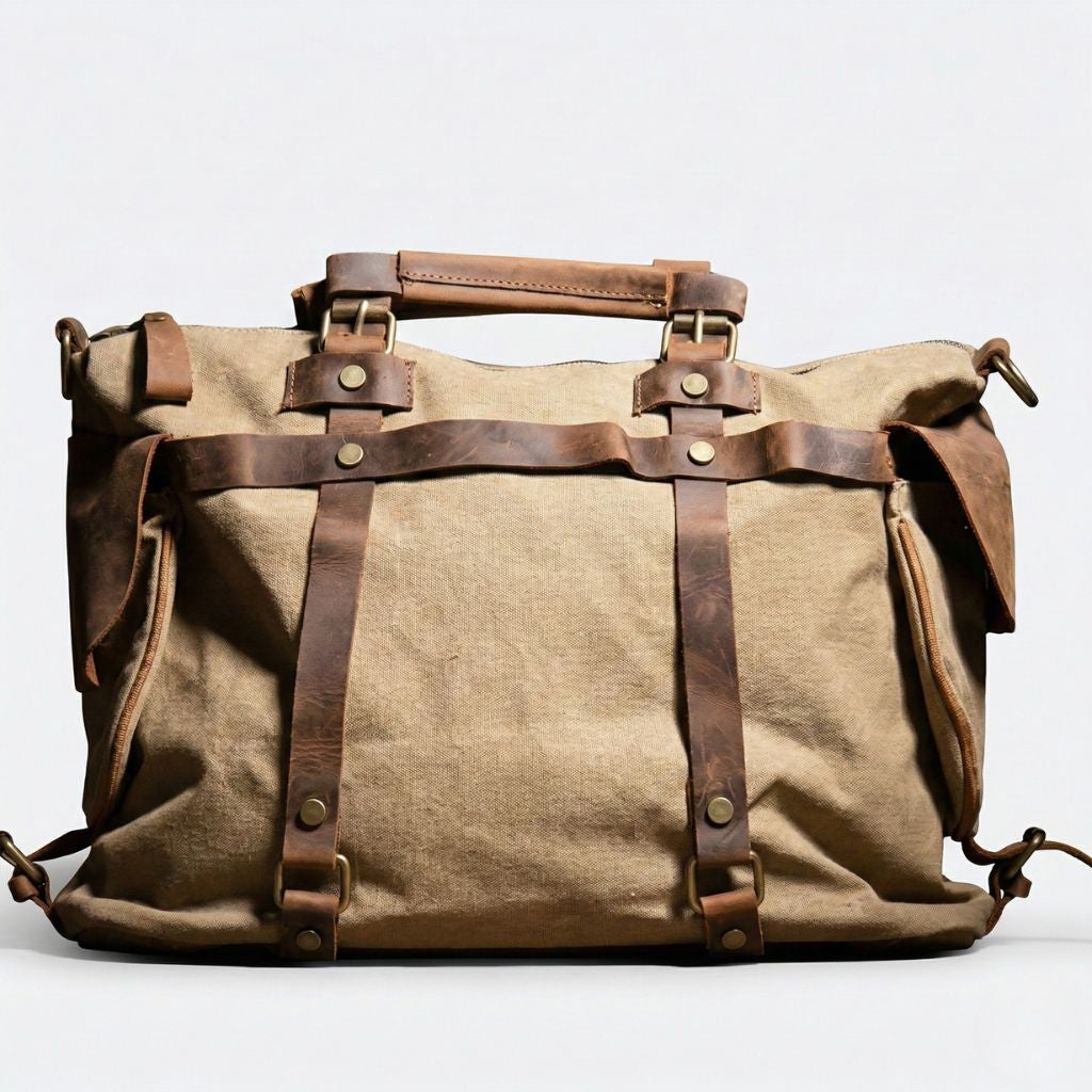 Sac de voyage kaki sable face avant : toile militaire, sangles cuir croisées avec rivets laiton et poignée cuir