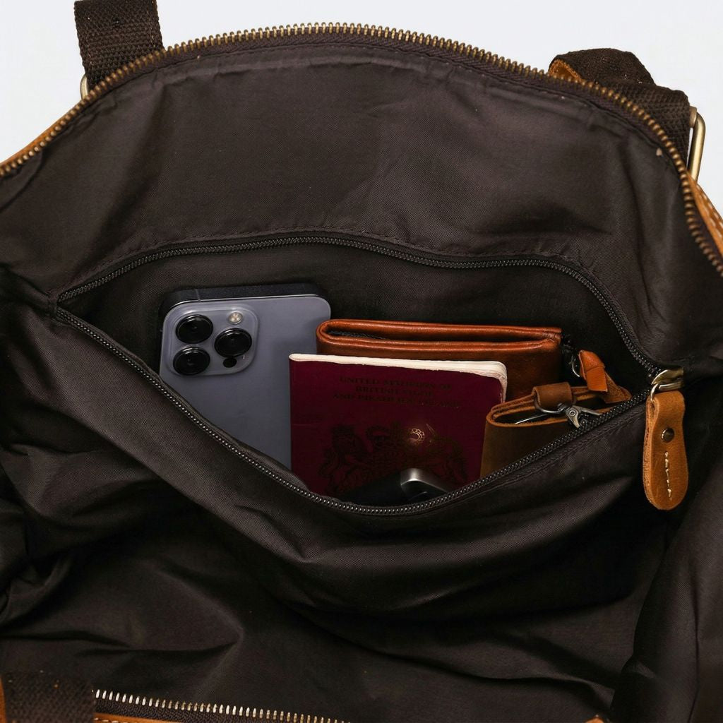 Poche intérieure ouverte, doublure nylon kaki foncé, smartphone, passeport bordeaux et portefeuille cognac