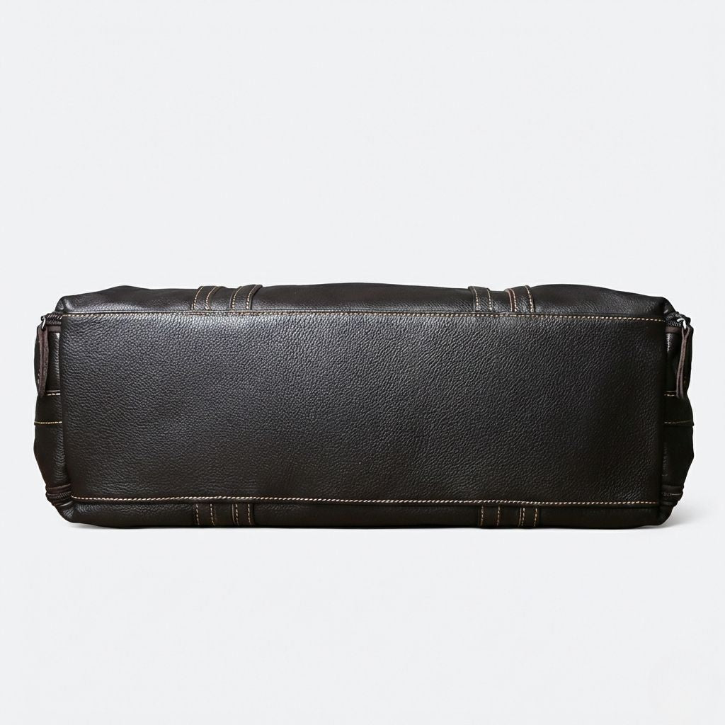 Dessous du sac de voyage en cuir grainé marron espresso, coutures de renfort et base plate bien structurée