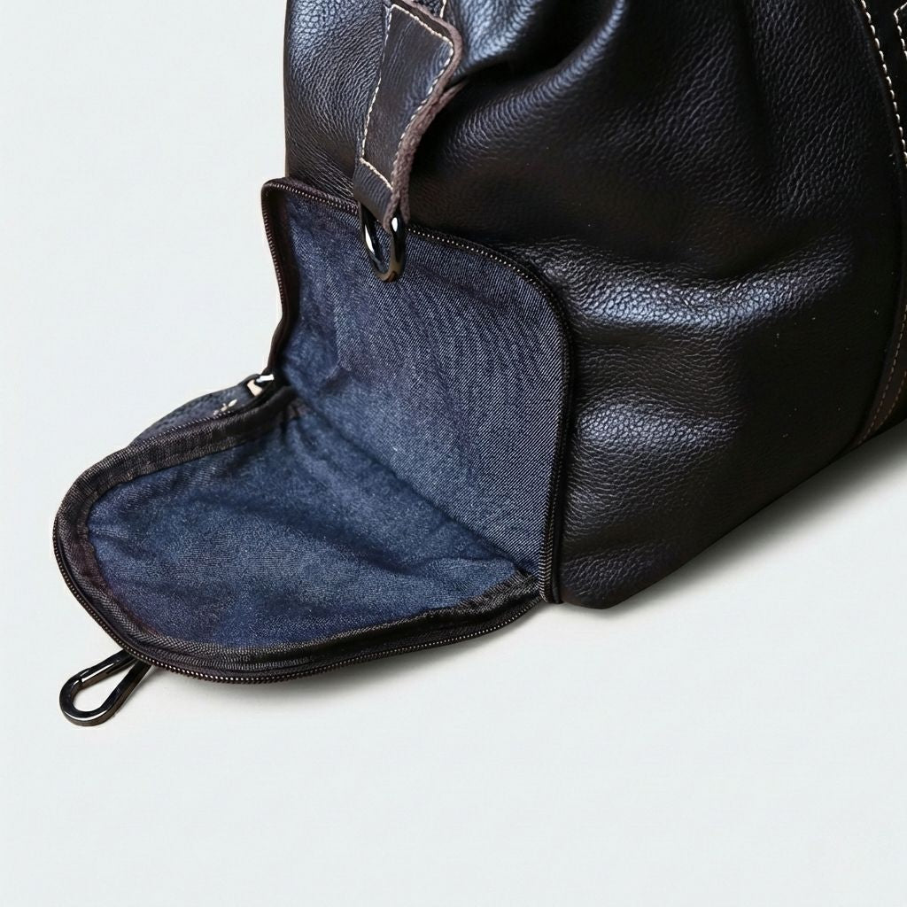 Poche latérale zippée du sac de voyage cuir noir révélant une doublure en tissu denim bleu