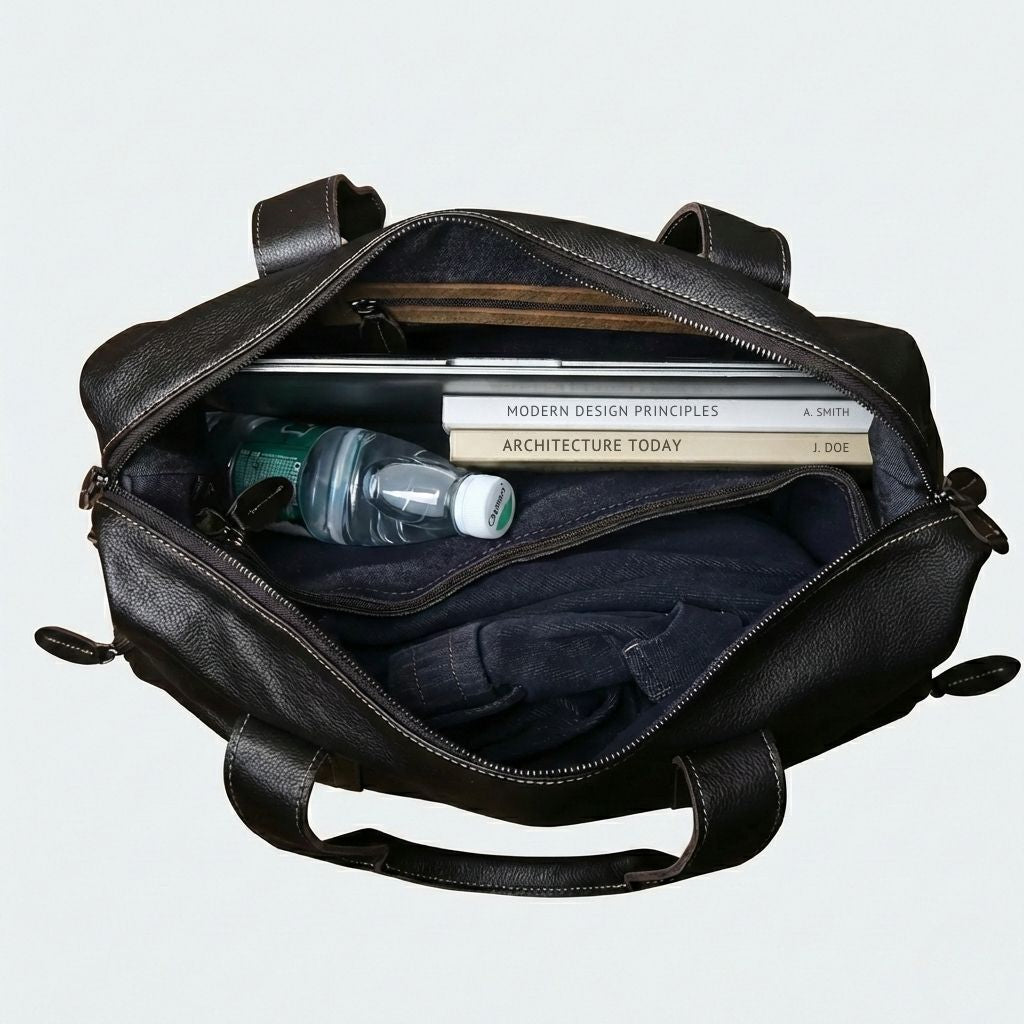 Vue de dessus du sac de voyage en cuir noir ouvert, compartiment avec ordinateur, livres, vêtements et gourde Image
