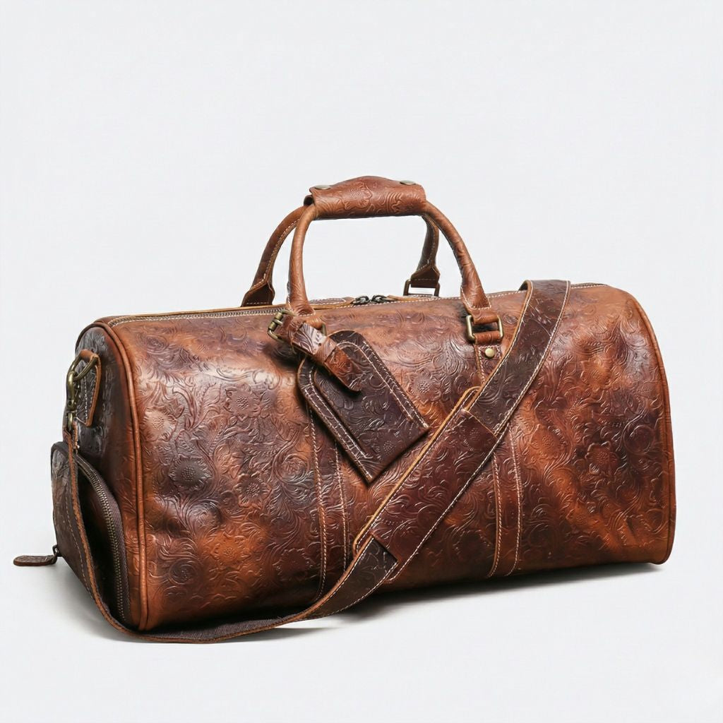 Sac de voyage en cuir véritable motifs floral avec bandoulière, anses de portage et porte étiquette en cuir