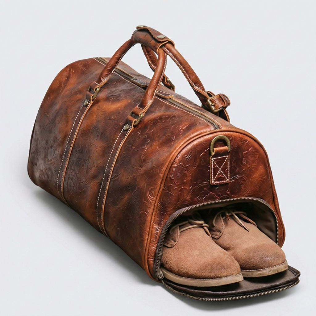 Compartiment chaussures latéral ouvert révélant une paire de chaussures suédées beige, sac de voyage cuir cognac