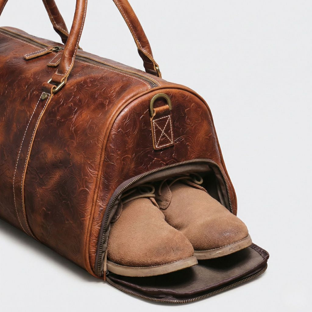 Poche chaussures du sac de voyage en cuir marron embossé motif floral ouverte, révélant des chaussures en daim Image