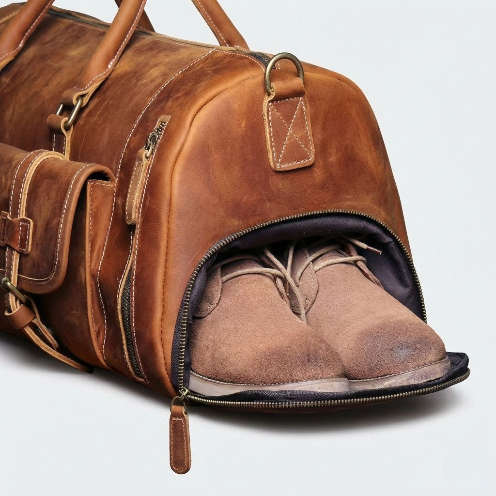 Gros plan de la poche chaussures d'un sac de voyage en cuir cognac ouverte, révélant des mocassins en daim Image