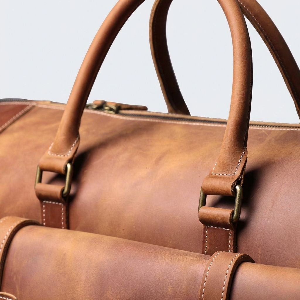 Gros plan des deux poignées rondes en cuir cognac du sac de voyage, anneaux D en laiton bronze