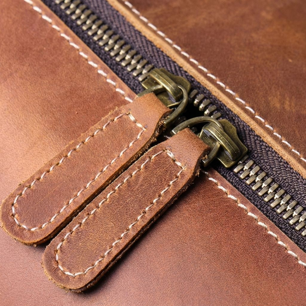 Gros plan double languette de zip en cuir cognac sur fermeture à double tirette et dents bronze