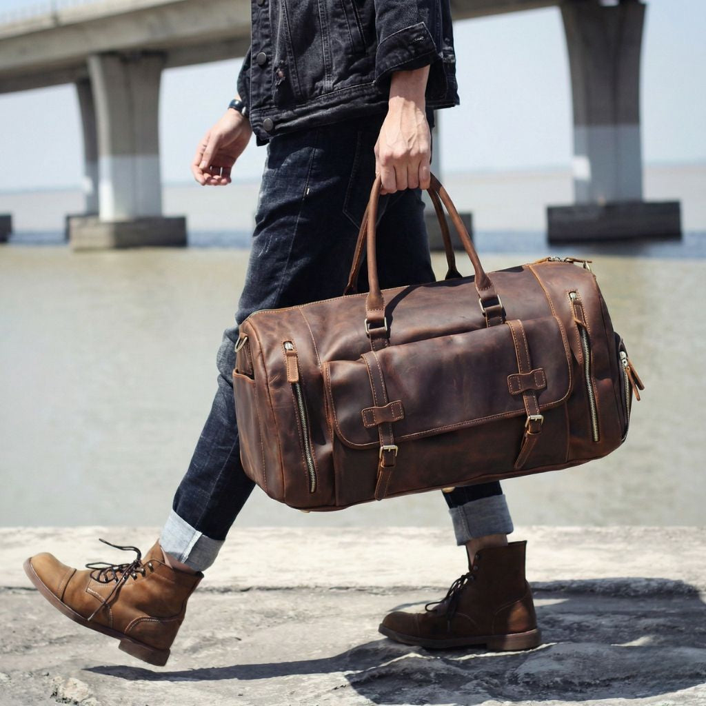 Homme marchant au bord de l'eau portant un grand sac de voyage en cuir marron vintage à la main, boots et jean Image