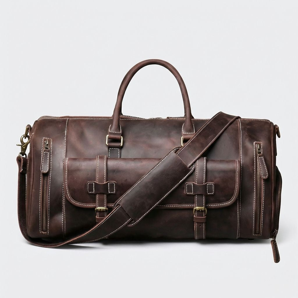 Face avant du sac de voyage cuir brun chocolat, deux poches latérales zippées et poche centrale à rabat