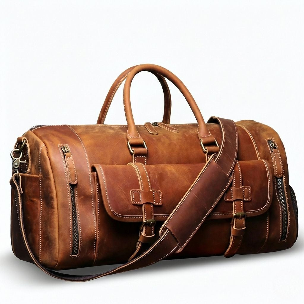 Grand sac de voyage en cuir cognac caramel, vue 3/4 avec poche centrale à double sangles et bandoulière