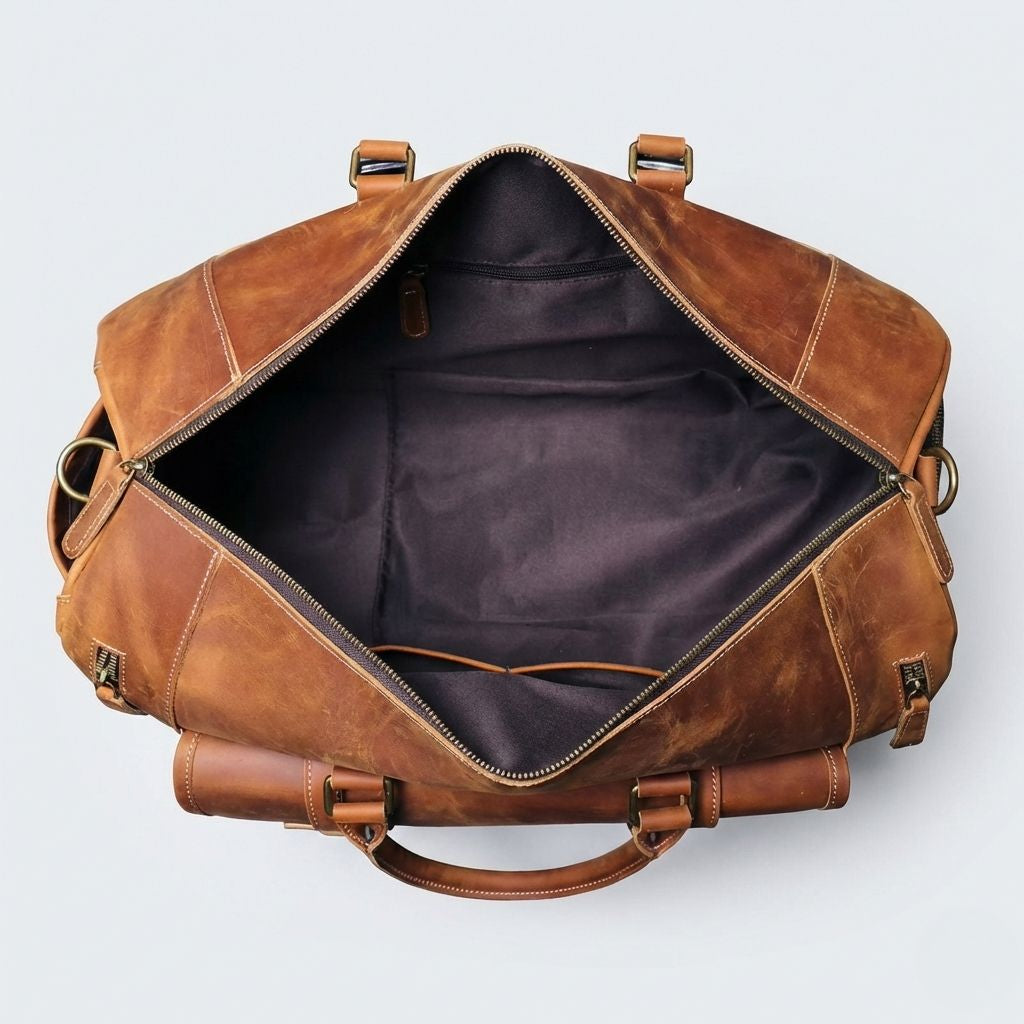 Compartiment principal ouvert du sac de voyage cuir cognac, doublure intérieure noire et poche zippée
