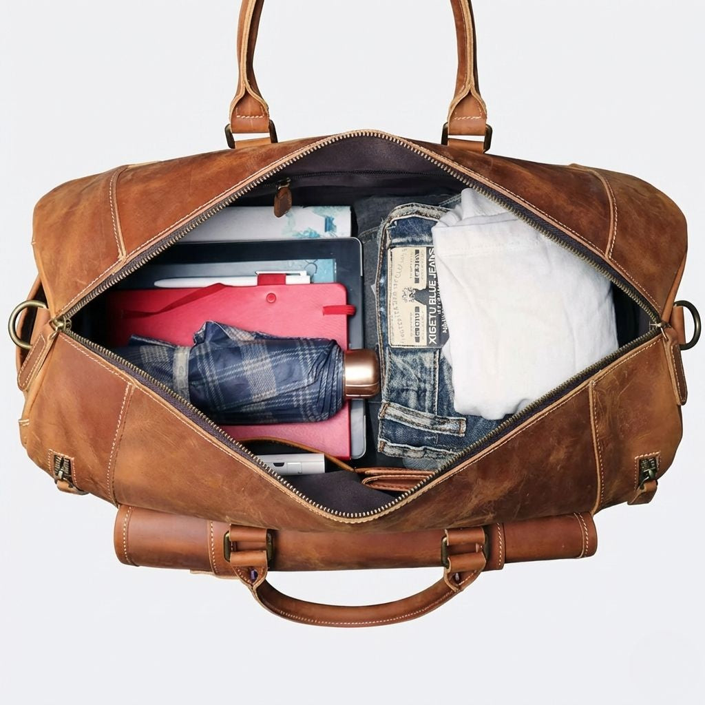 Vue de dessus du grand sac de voyage en cuir cognac ouvert, contenant vêtements, tablette, parapluie et gourde Image