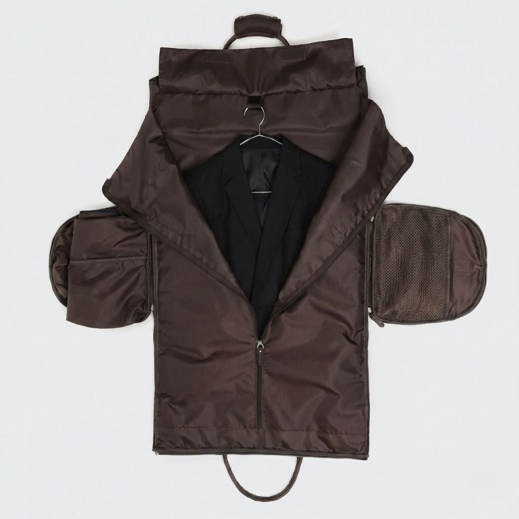 Housse à costume marron ouverte avec veste noire sur cintre intégré et poches latérales pour sac de voyage Image