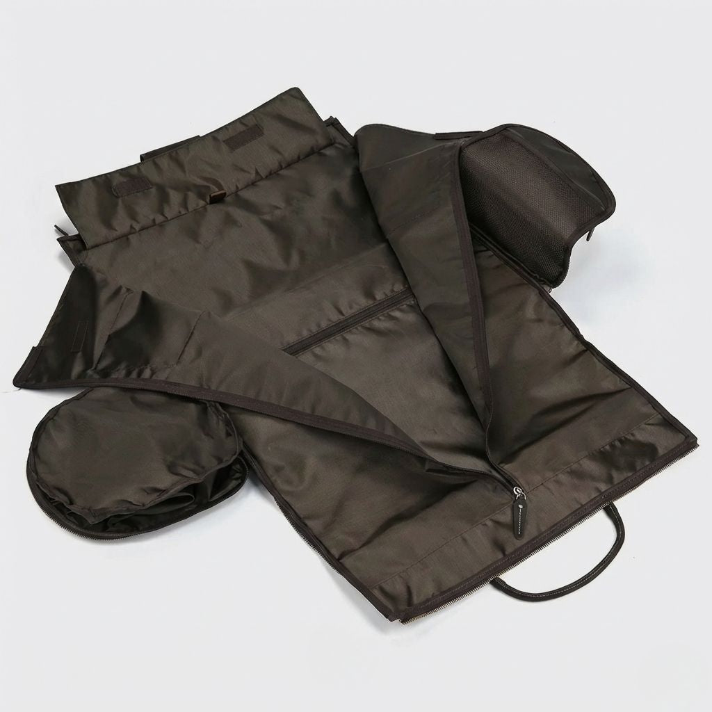 Accessoires inclus disposés à plat : organiseur textile, housse ronde et sachet en tissu brun